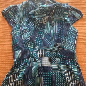 Vintage 100% Silk Blue and White Patterned Blouse